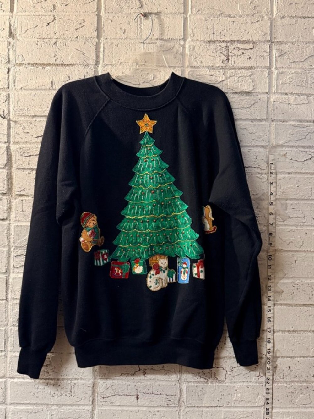 Vintage Hanes Her Way XL Christmas Tree Cat Applique Sweatshirt USA Black 80s 90
